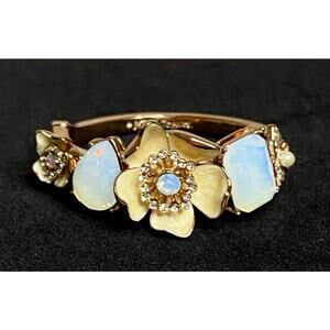 Betsey Johnson Rose Gold Tone Floral Bangle Bracelet with Faux Stones Butterfly